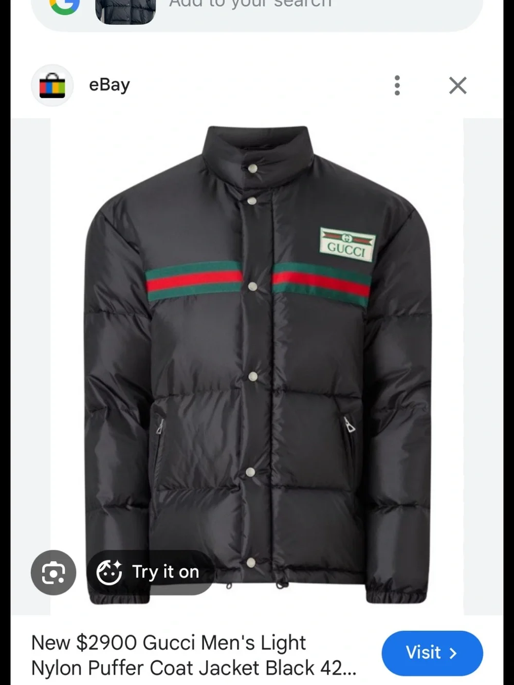 Gucci Black Puffer Jacket with Green and Red Web Stripe